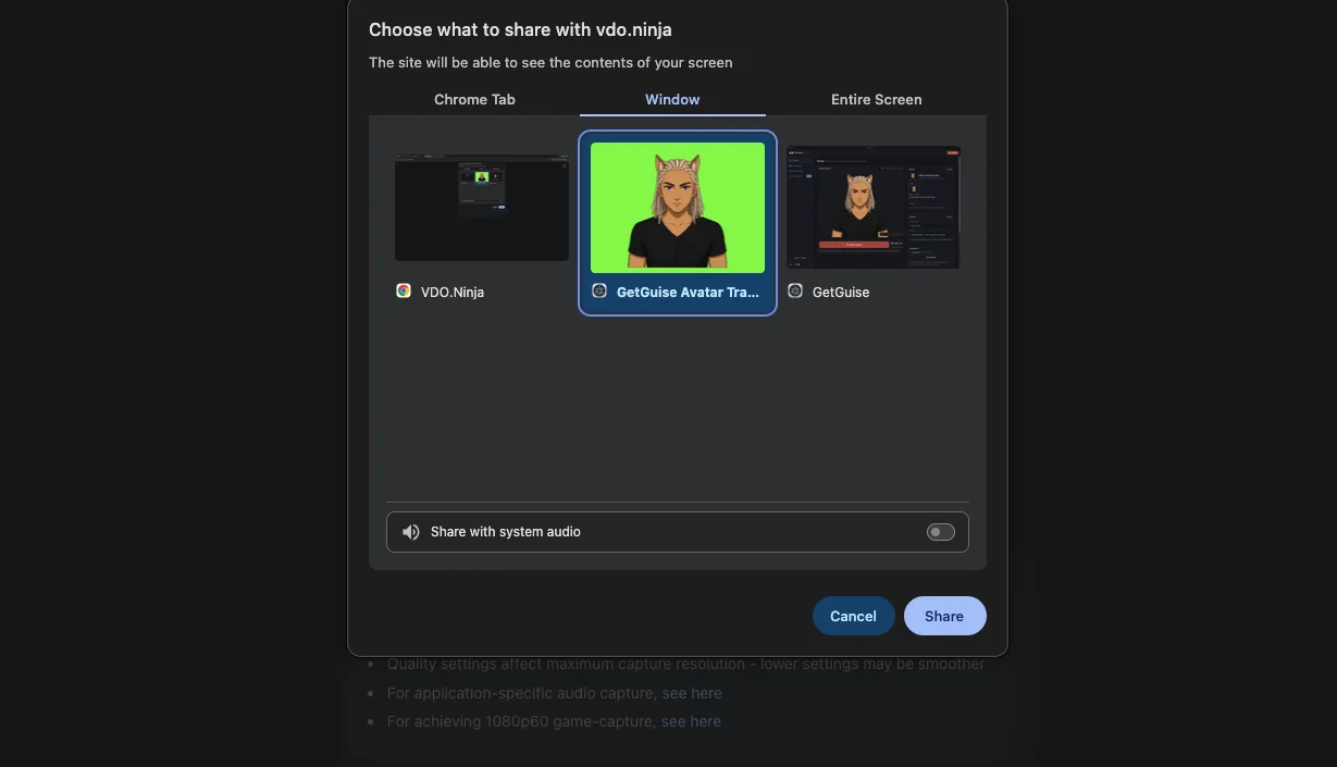The VDO.Ninja share picker with the GetGuise Avatar Tracking window selected