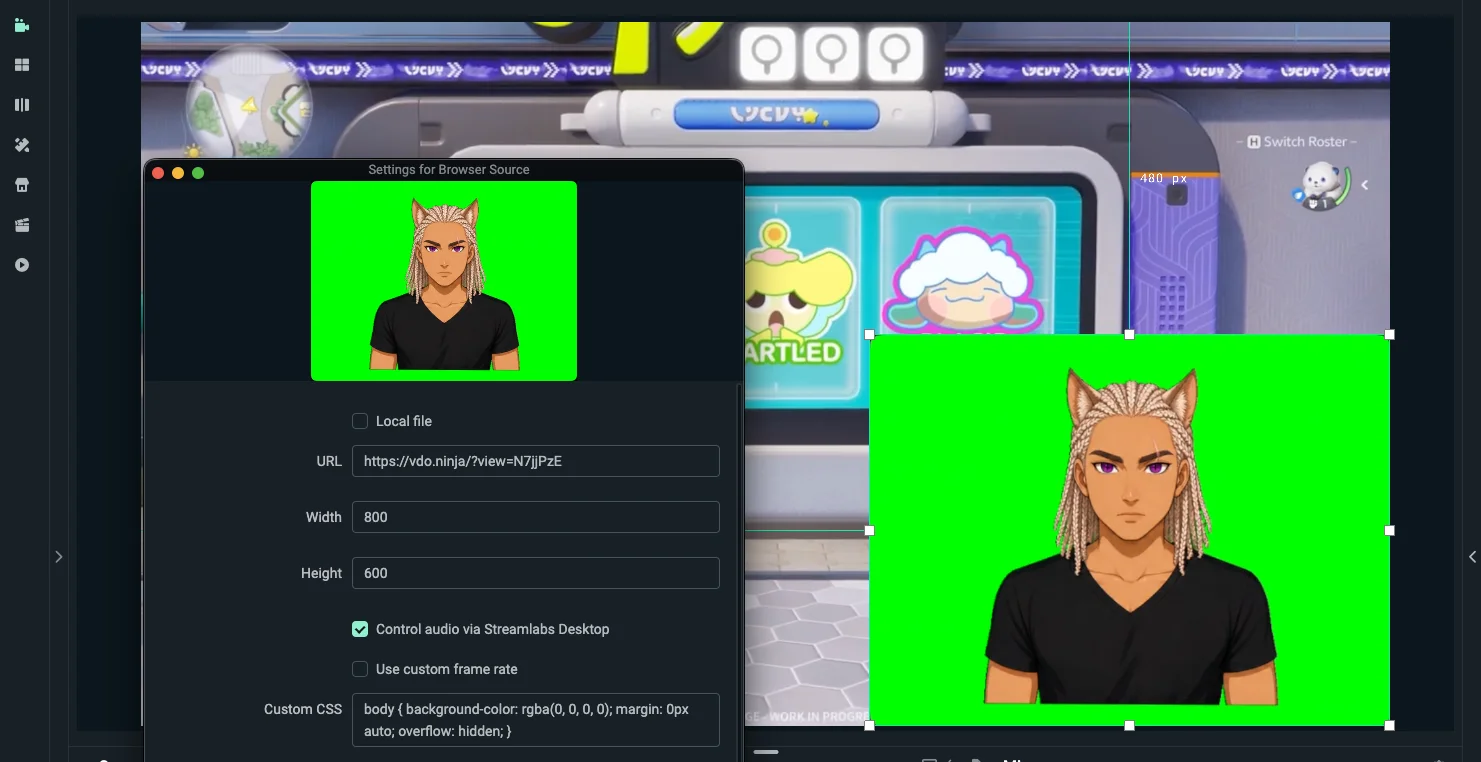 OBS Browser Source properties showing the view URL, 800 by 600, and the custom CSS