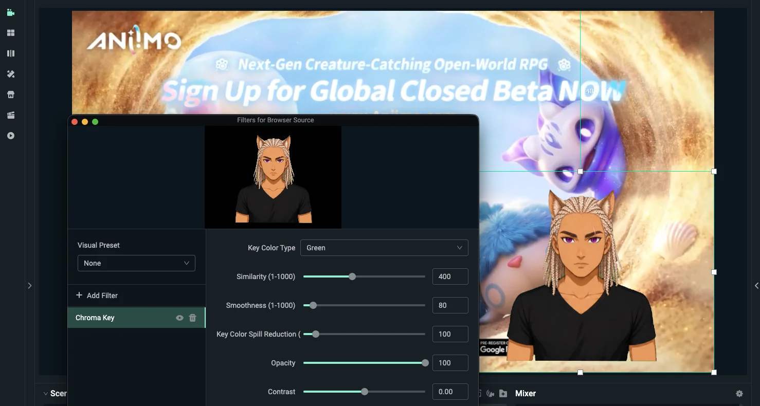 A Chroma Key filter on the guest's Browser Source, set to green, the avatar keyed out in the preview