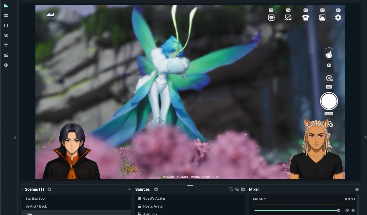 An OBS scene with two avatars side by side, the guest's green background keyed out