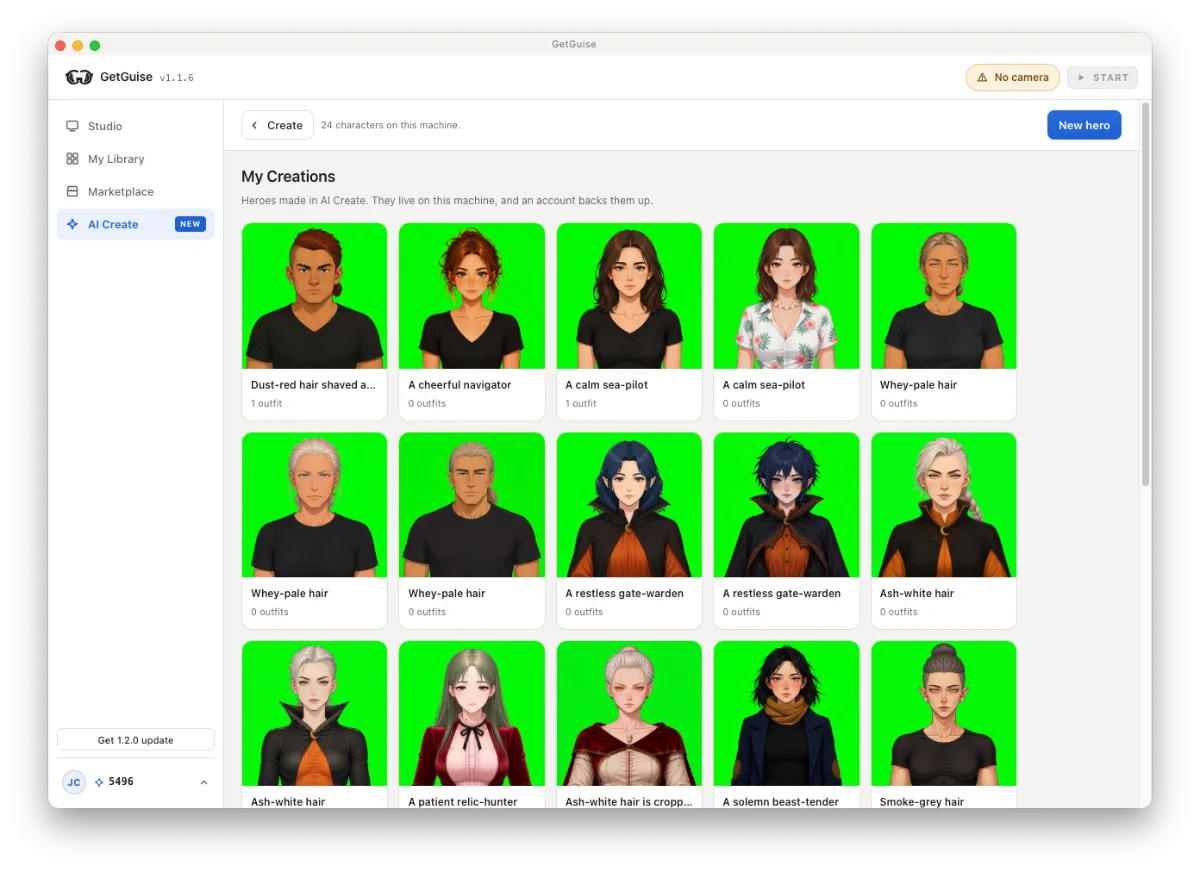 My Creations in GetGuise, listing every character made in AI Create with how many outfits each one has