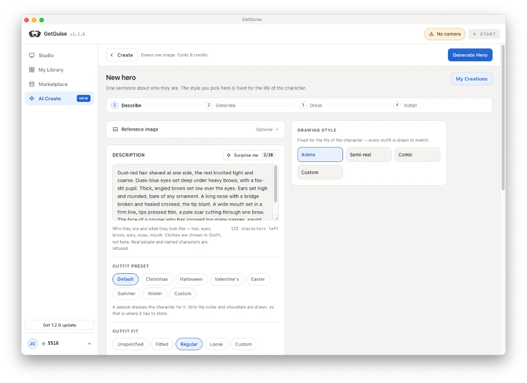 The Describe screen in GetGuise AI Create, with a written character brief