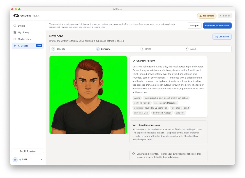 AI Create in GetGuise, showing the generated character on its own with the brief that produced it
