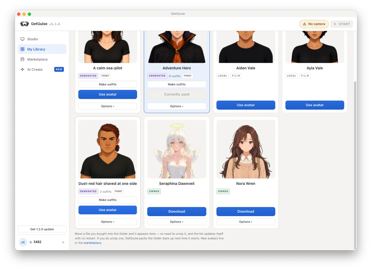 My Library in GetGuise, showing characters marked GENERATED alongside ones marked OWNED