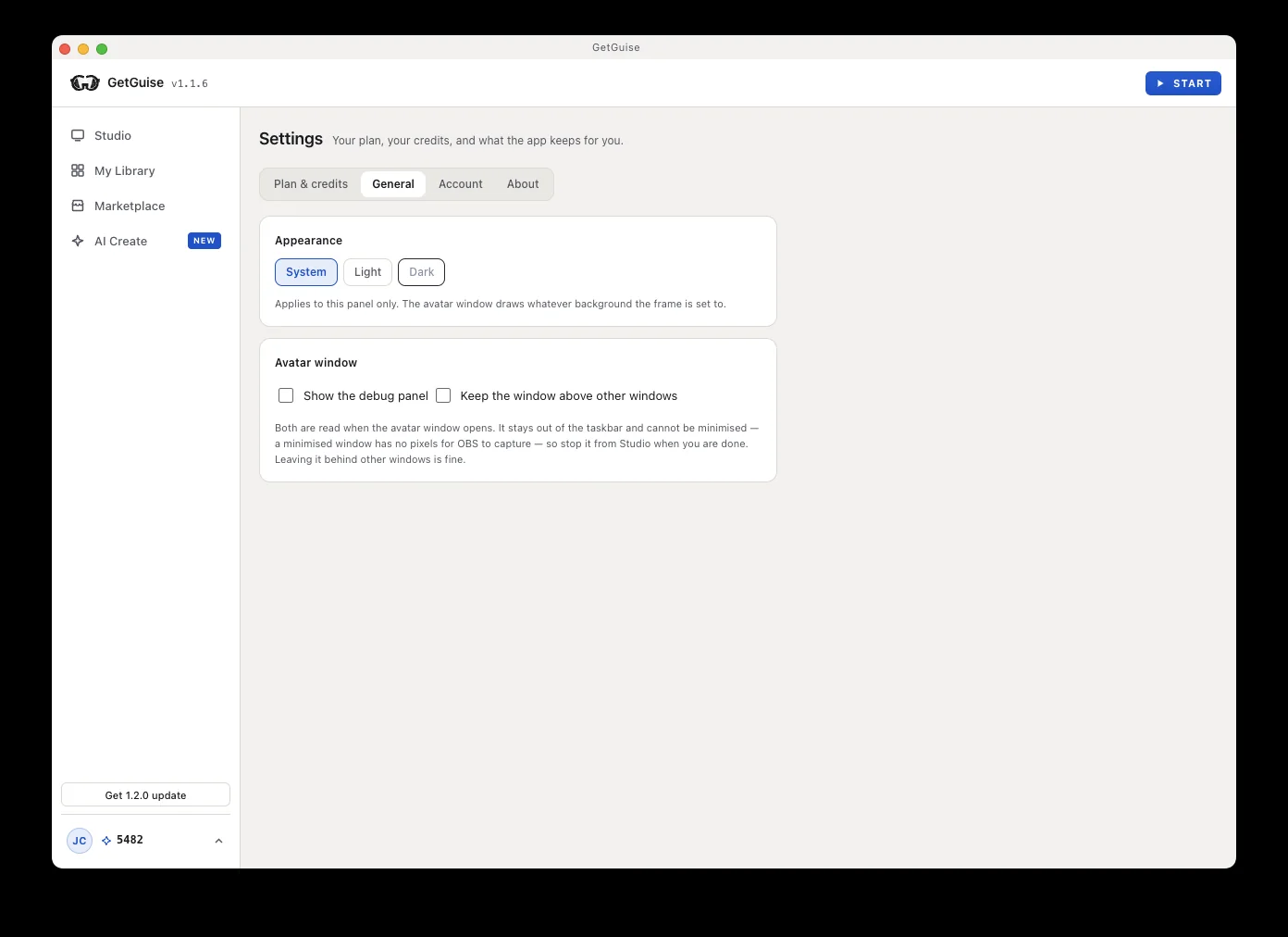 The Settings tab in GetGuise with the always-on-top option