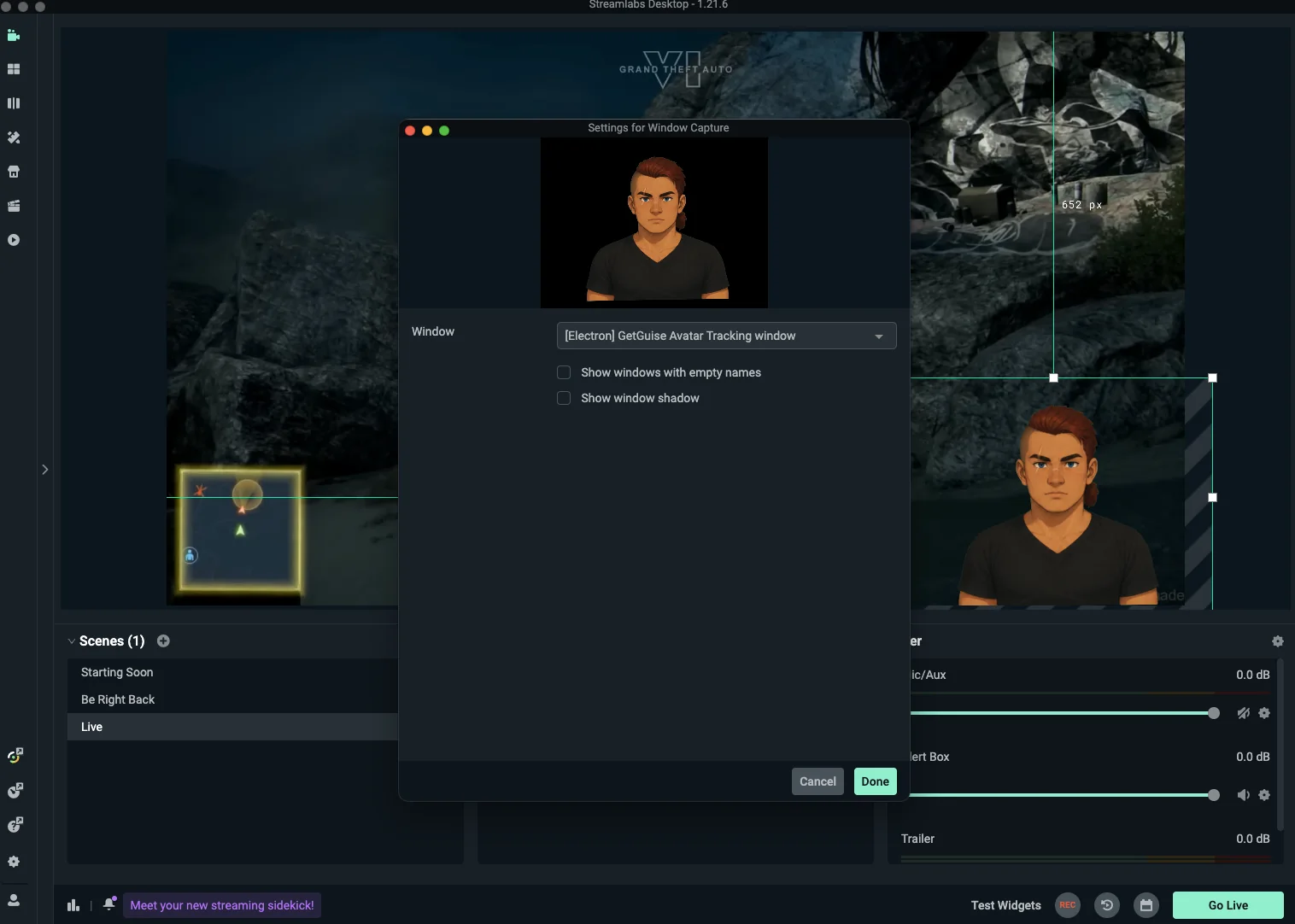 Streamlabs Desktop configuring a Window Capture pointed at the GetGuise avatar window