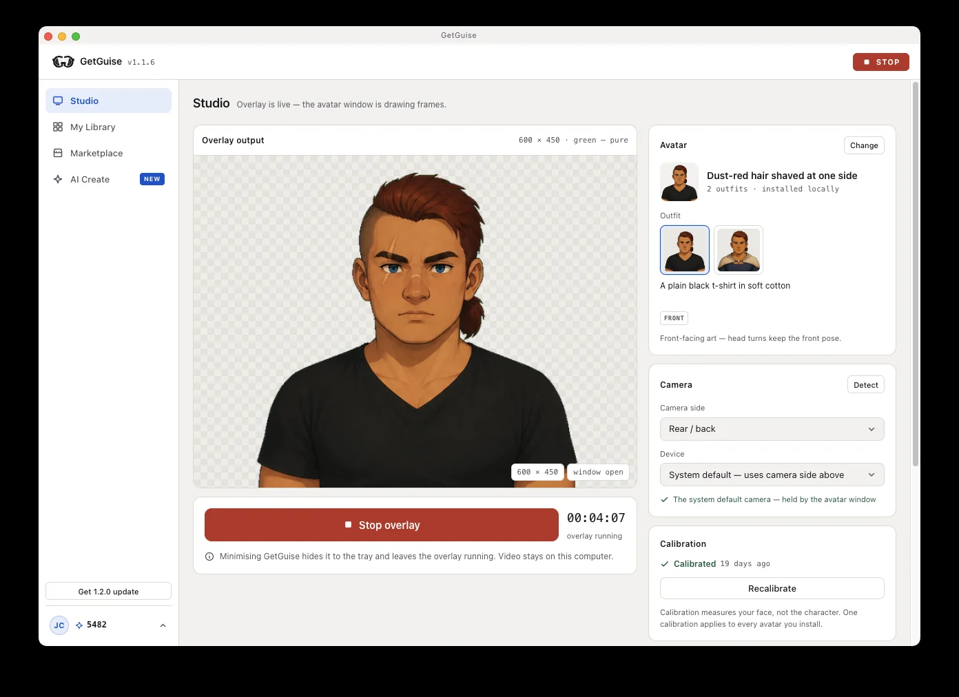 The GetGuise Studio window with the overlay output previewed live